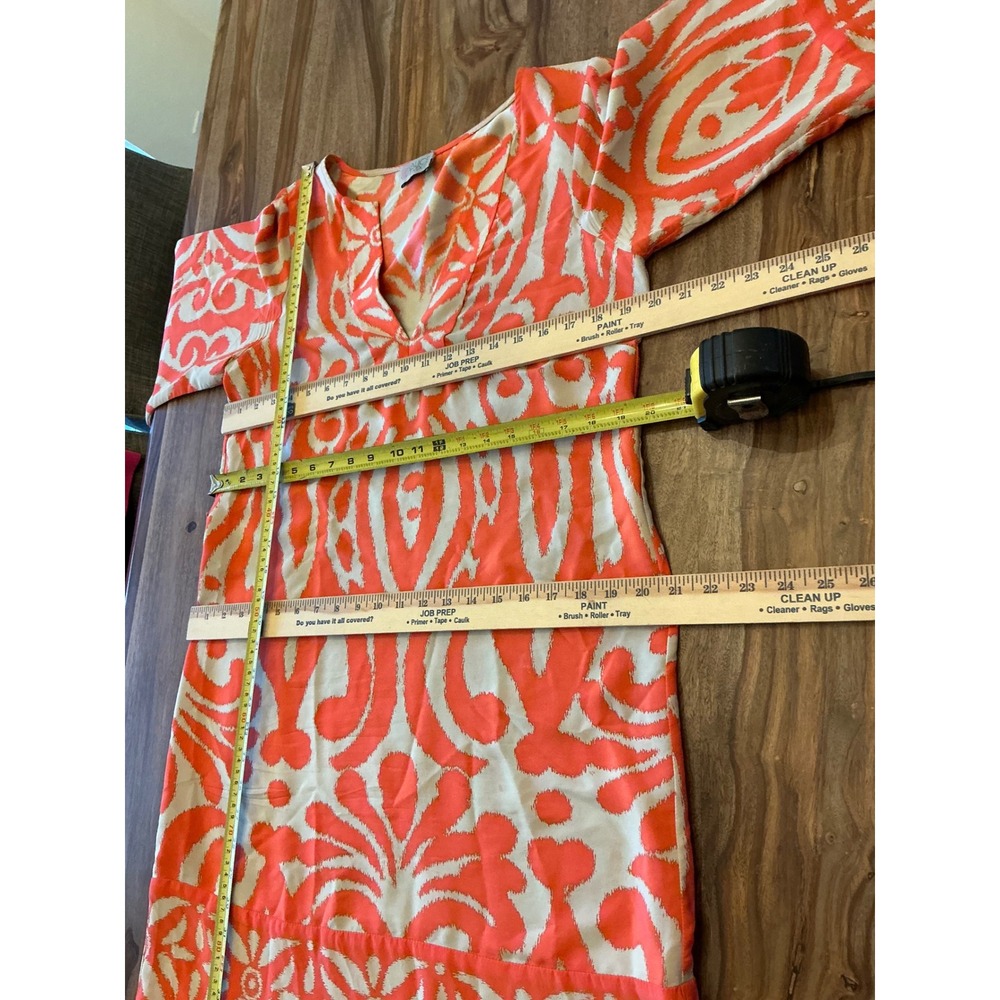 Alice & Trixie Silk Tunic Dress Medium Coral Orange Bell Sleeve Ikat Cover Up - Picture 12 of 15